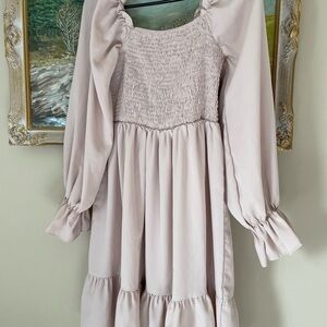 Light tan neutral coquette dress long sleeve balloon flare with ruffles